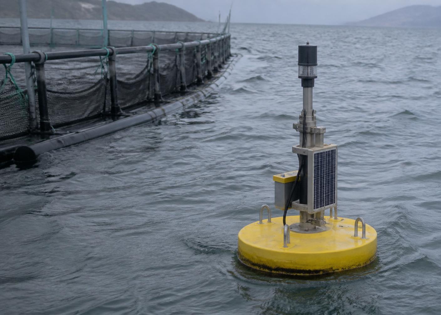 Monitoring buoy floating beside a marine fish cage